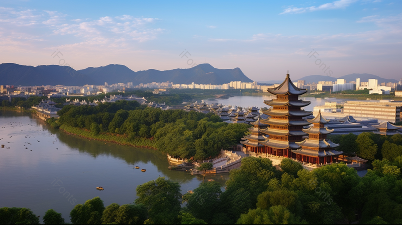 市中心的对面河边上有一排中国古代建筑群落,高清,摄影图,摄影图片,图片大全,摄影图免费下载